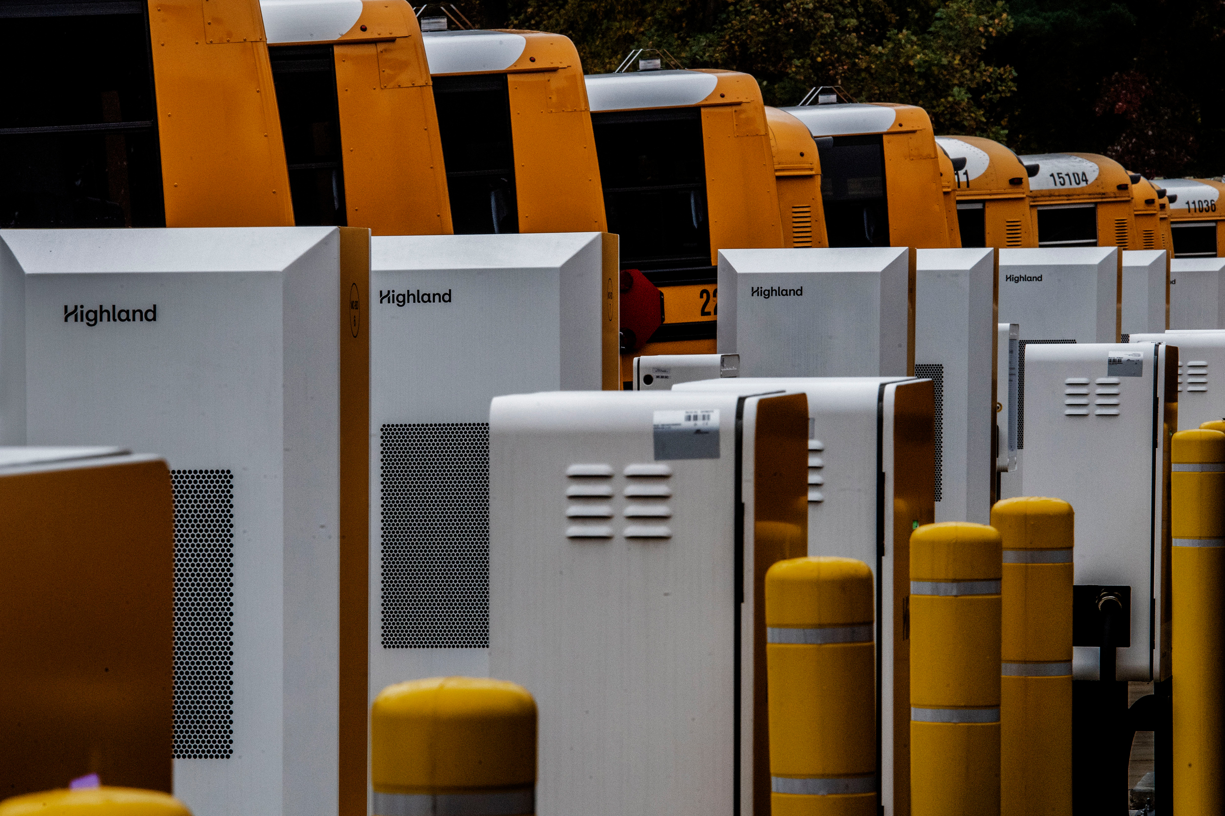 Electric busses connect to charging stations for Montgomery County Schools in Bethesda, Md. Credit: Bill O'Leary/The Washington Post via Getty Images