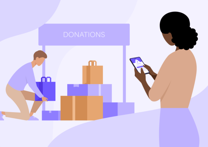 Volunteer collecting donations and woman donating digitally to a food pantry on her phone